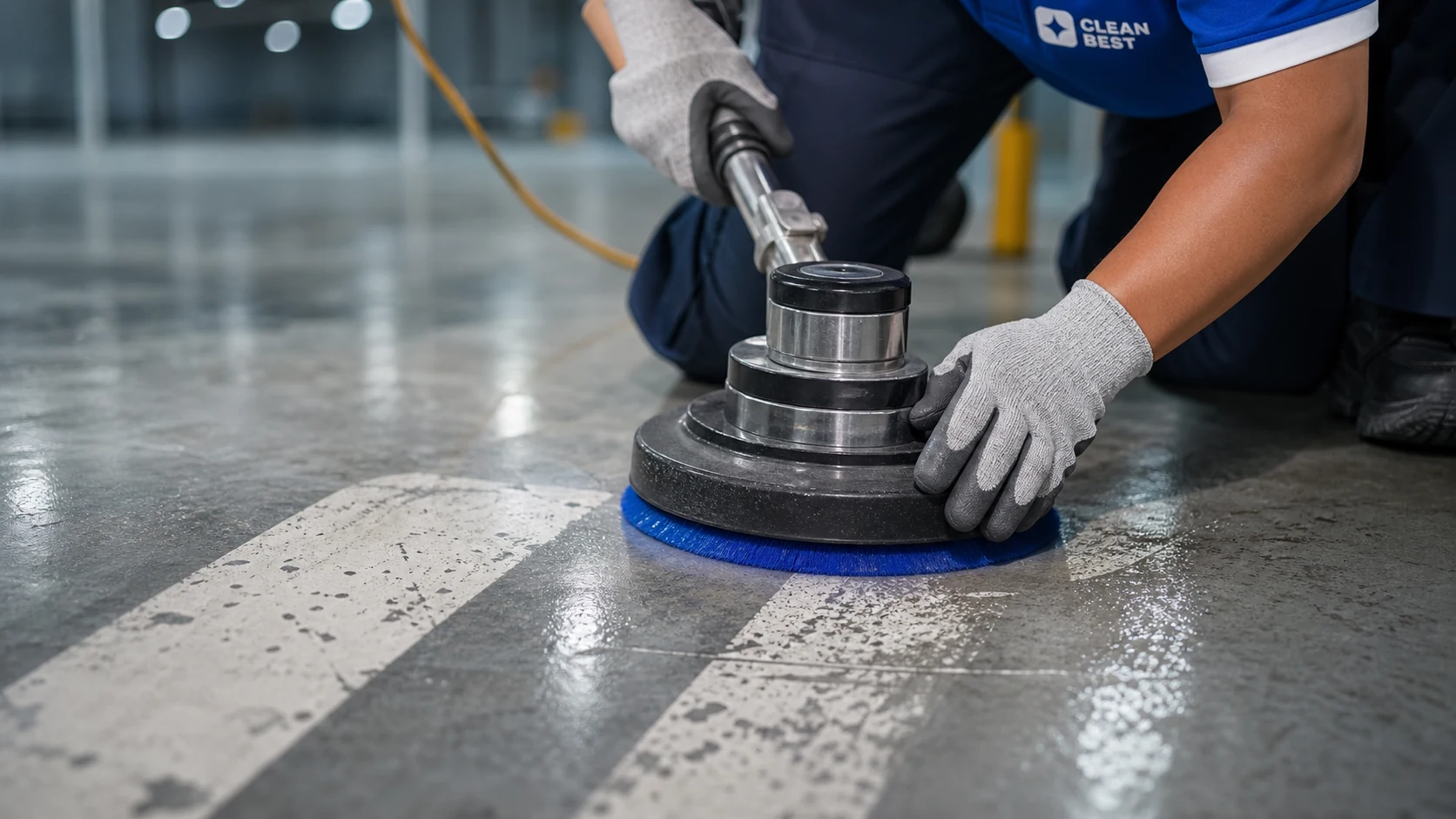 Clean Best operator machine-scrubbing a sealed concrete warehouse floor in Alexandria NSW